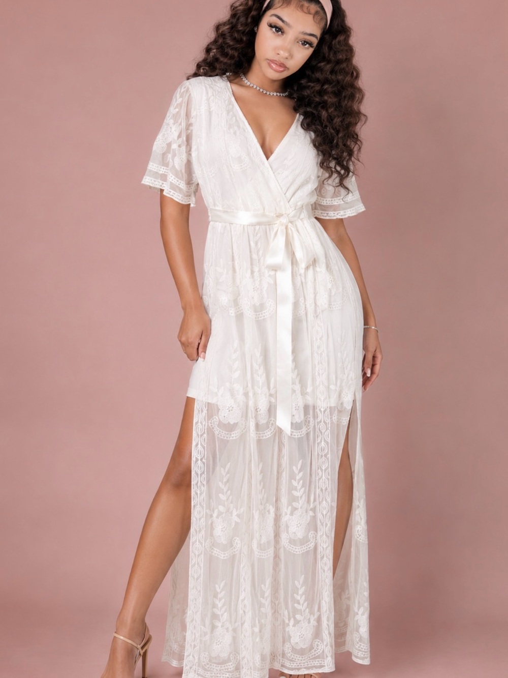 Elegant White Lace Wrap Maxi Dress with Satin Belt